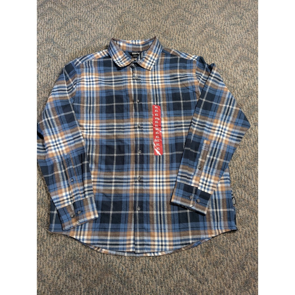 Eddie Bauer Mens XL Flannel Shirt Blue Tan Plaid Button Down EB008604